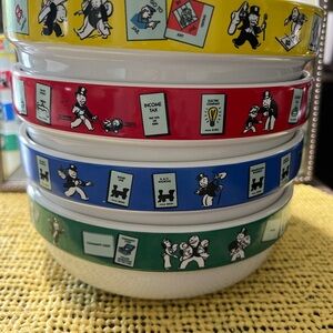 Monopoly, popcorn bowls.